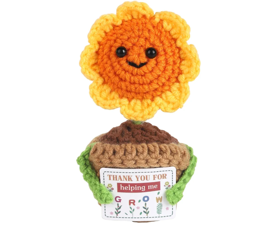 Pack of 2 Appreciation Gifts for Teacher,Thank You for Helping me Grow, Positive Sunflower bee Doll Crochet Plant with Card for Teacher Boss Coworkers (Yellow)