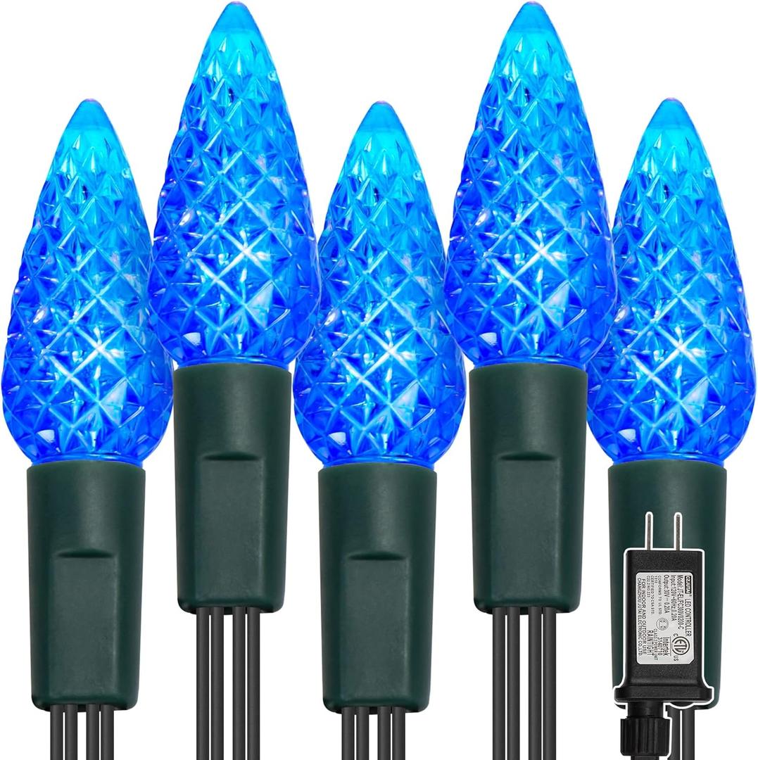 WATERGLIDE C6 Christmas Lights, 33ft 100 LED Faceted String Lights Green Wire Fairy Lights with 29V Safe Adaptor, 8 Lighting Mode, Waterproof for Indoor Outdoor Patio Xmas Tree Party Decor, Blue