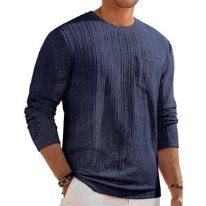 JMIERR Men's Long Sleeve Shirts Casual Crewneck Pullover T-Shirt Stretch Textured Knit Tee with Pocket (Navy Blue), S