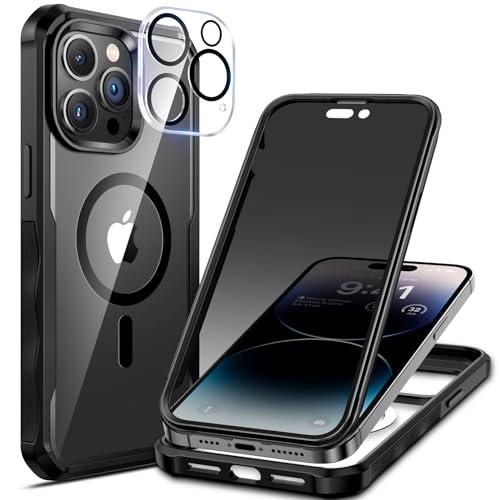 seacosmo for iPhone 14 Pro Case, Full Body Bumper with Built-in 9H Tempered Glass Privacy Screen Protector and Camera Lens Protector, Compatible with MagSafe, Shockproof Phone Cover, 6.1", Black