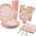 200 Pink Party Supplies - Disposable Dinnerware Set Serves 25, Gold Dots on Pink Paper Plates, Cups & Napkins, Wooden Knives, Spoons & Forks for Baby Shower, Wedding or Bridal Shower (w045)