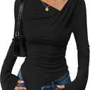 ZESICA Women's Long Bell Sleeve Shirts 2026 Fall Going Out Asymmetrical Crop Tops Slim Fit Ribbed Ruched Y2K Clothes (Black) M