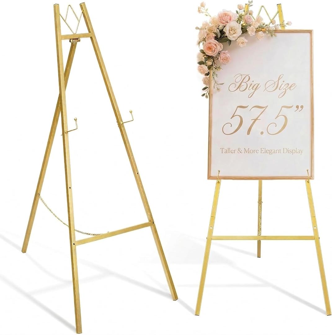 GRENTY 57.5" Gold Easel Stand for Wedding Sign, Heavy Duty Metal Display Stand, 4-Tier Height Adjustable Easel for Art, Paintings, Welcome Signs, Posters, and Dcor, Simply Assembly Required