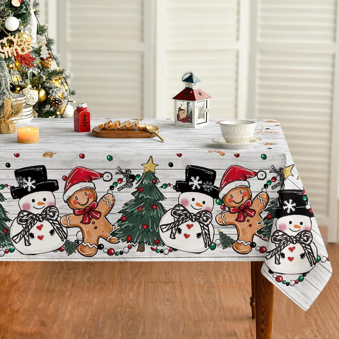 Horaldaily Christmas Tablecloth 6084 Inch Rectangular, Gingerbread Man Tree Snowman Light Wood Washable Table Cover for Party Picnic Dinner Decor