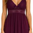 Women Lace Modal Nightwear Sleepwear Chemises V-Neck Full Slip Babydoll Nightgown (Medium)