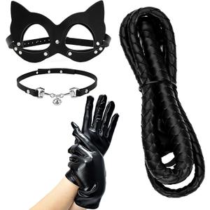Women Half Face Cat Mask Costume Accessories Halloween Masquerade Props (Black 4-piece Set)