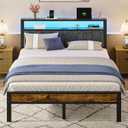 Queen Size Bed Frame with 2-Tier Storage Shelves Headboard, Platform Bed with Charging Station, LED Lights No Box Spring Needed Noise Free