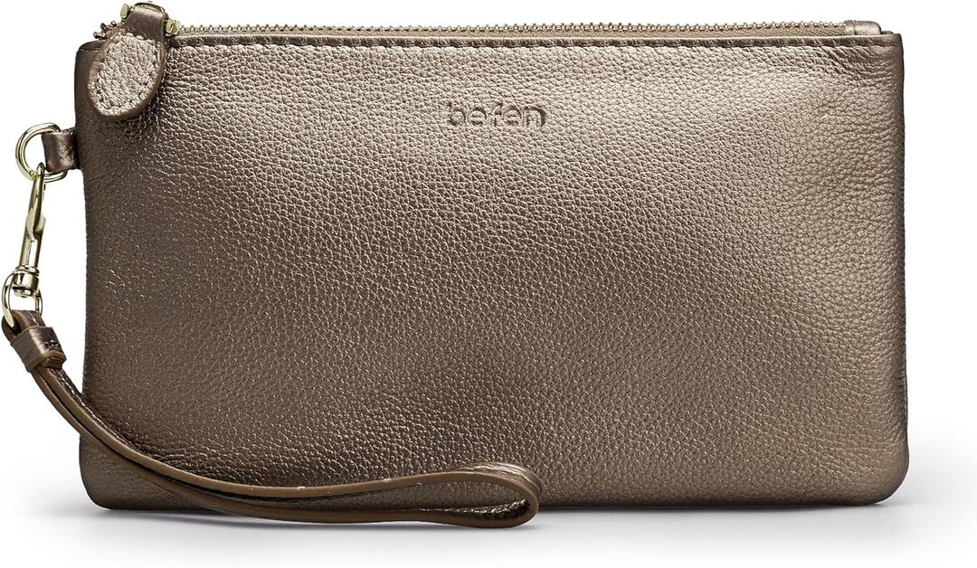 befen Genuine Leather Wristlet Clutch RFID Blocking Bag Cell Phone Wallet Purse Wristlet Wallet Purses and Handbags for Women (Metallic Bronze Pewter)