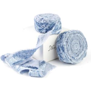 MAYREEL 1 Inch Dusty Blue Crushed Velvet Ribbon Frayed Edge Hand Torn Fringe for Bridal Bouquets Invitations Vow Books Gift Baskets Hair Bows 6 Yards