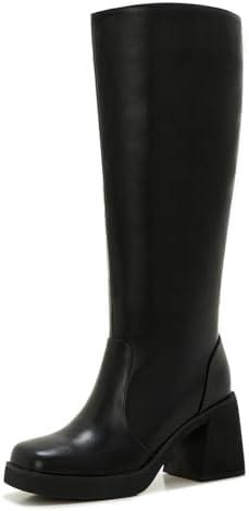 ZXHYZLZ Wide Calf 70s Gogo Boots for Women Plus Size – Tall Knee High Square Toe Chunky Heel Retro Boots Size 12
