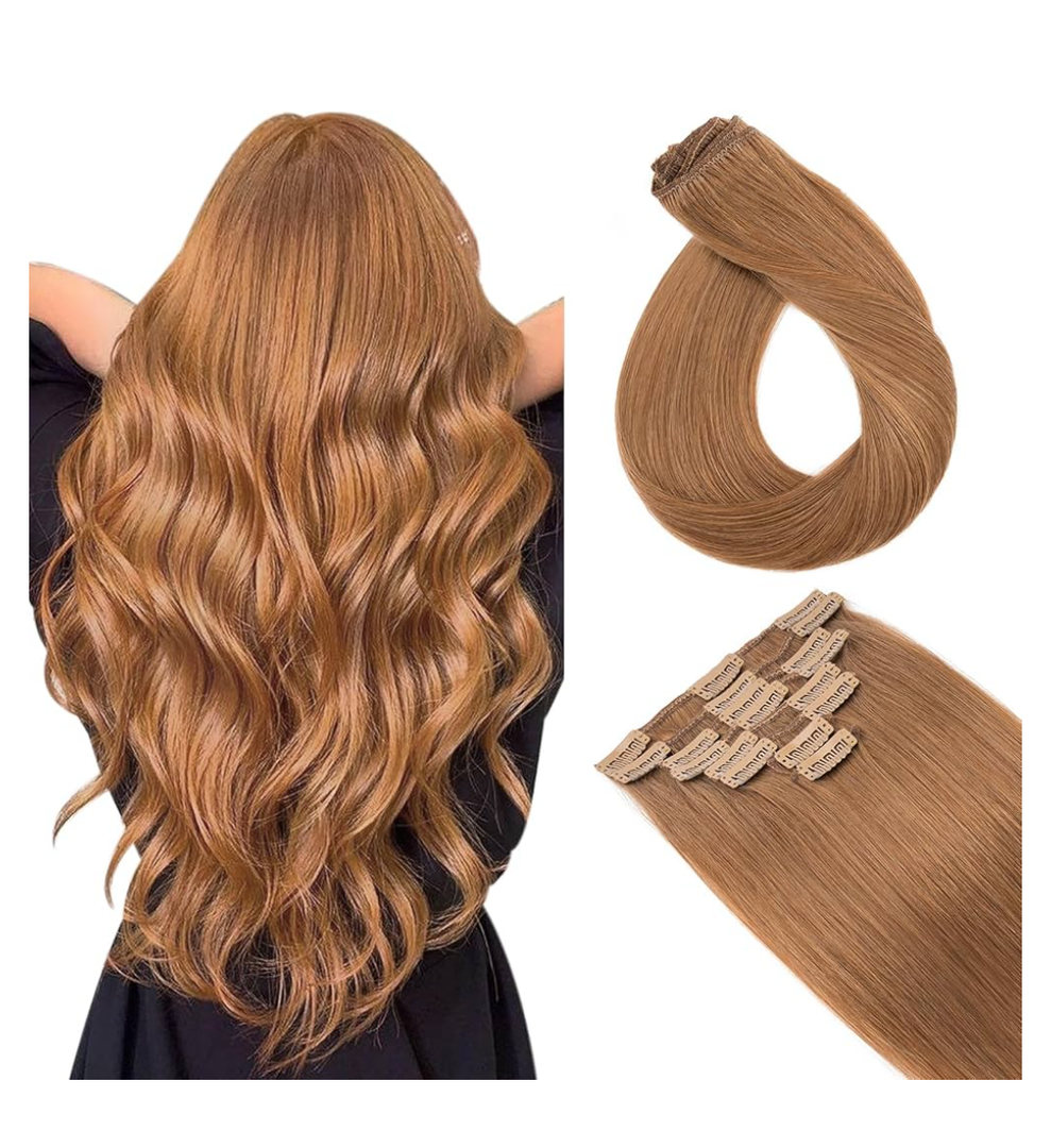 Hairro Clip in Hair Extensions 100% Real Human Hair, 8 Inch 6pcs 18 Clips Short Thin Straight Clip on Hairpieces 45g Machine Weft for Women, Blondish Brown
