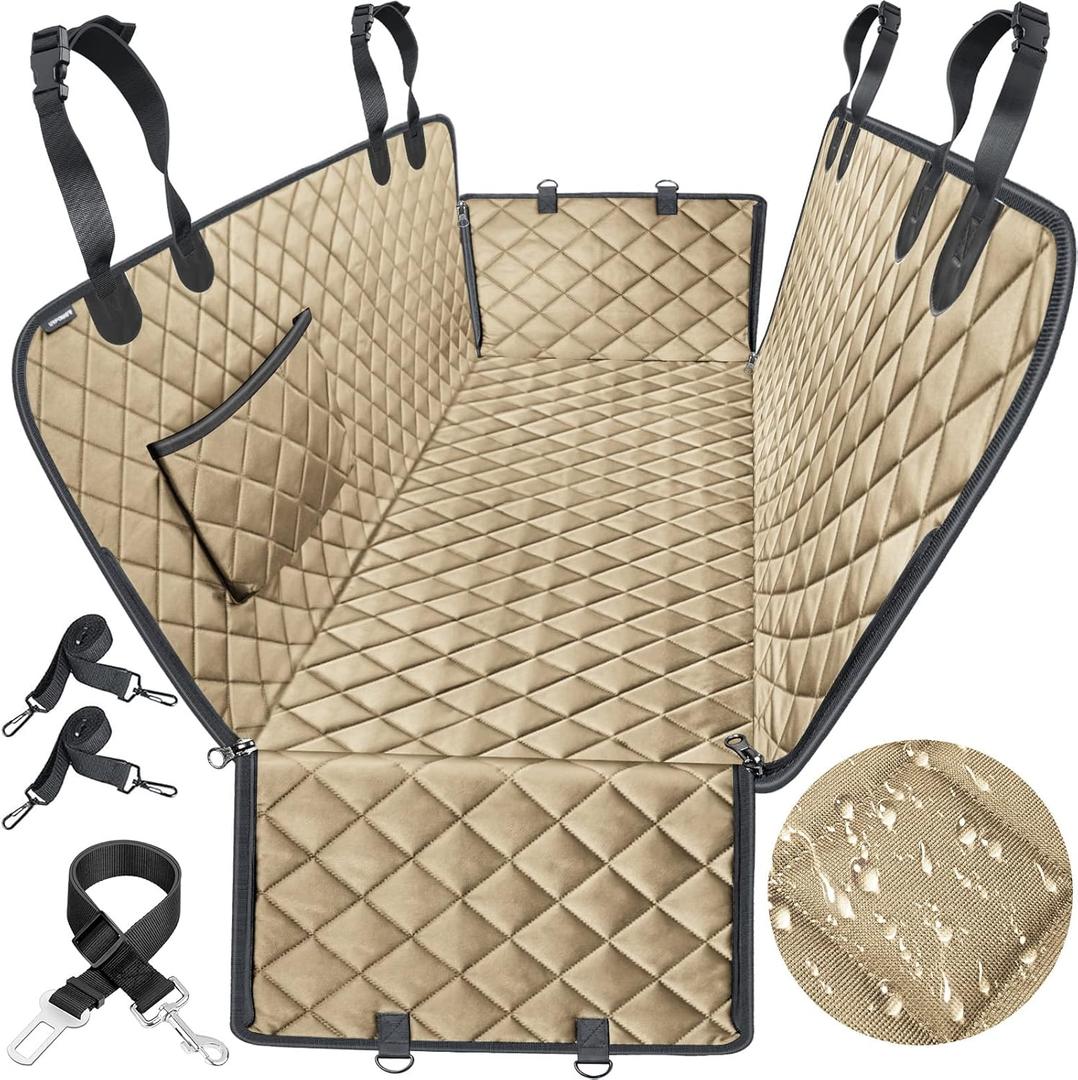 URPOWER Dog Car Seat Cover for Back Seat Waterproof Seat Cover Hammock 600D Heavy Duty Scratch Proof Nonslip Durable Soft Backseat Covers for Cars Trucks and SUVs (Light Brown)
