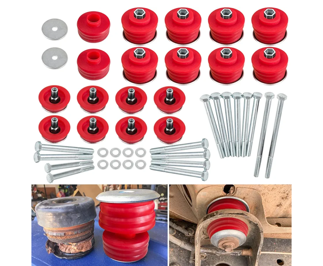 TOPTHANE 19992007 F250 F350 Body Cab Mounts, KF04058BK Body Mount Bushing Kit, Cab Bushing Kit, Steel Sleeves & Hardware (Red)