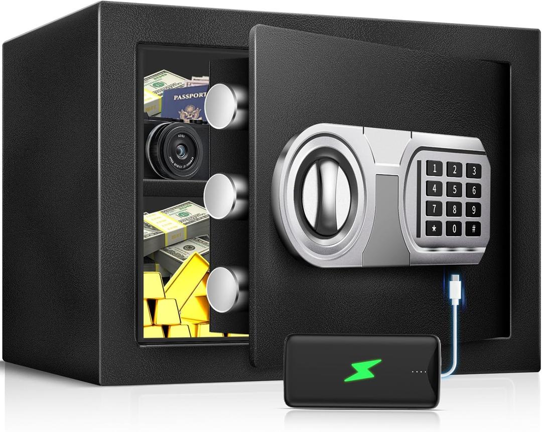 1.3 Cu Ft Small Safe Box for Home, Personal Safe and Lock Box with LED Sensor Light & Emergency USB-C Cable, Removable Shelf for Money Jewelry Documents