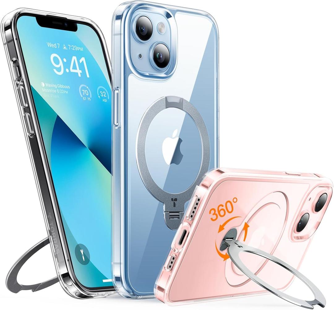 TORRAS Upgraded Ostand 360Spin Magnetic Stand for iPhone 13 Case/iPhone 14 case, [Military Grade Shockproof][Compatible with MagSafe][Build in Kickstand] Translucent Hard Back with Soft Edge, Clear