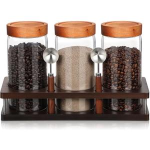 Suclain 3 Pcs Glass Coffee Bean Container 44 oz Airtight Coffee Canister with Shelf and Measuring Spoon Kitchen Food Canister Jar for Sugar Candy (Vintage Style)