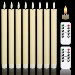GenSwin Flameless Flickering Taper Candles with 2 Remote Controls and Timer, Real Wax 3D Wick Light Window Candles Battery Operated Pack of 8, Christmas Home Wedding Decor, (Ivory, 0.78 X 9.64 Inch)