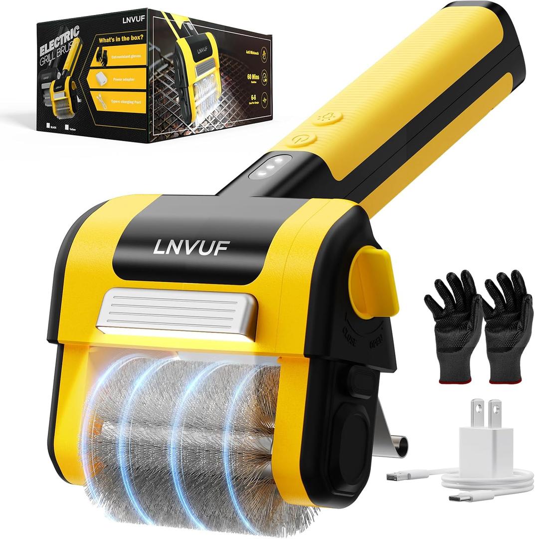Electric Grill Brush, Grill Cleaner with LED Light, with 800 RPM Motor, 304 Removable Stainless Steel Brush Head, Cordless & Type-C Rechargeable for BBQ, Heavy Duty Grill Cleaning Tool (Yellow)
