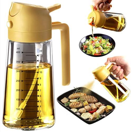 TrendPlain 16oz/470ml Glass Olive Oil Sprayer for Cooking – 2 in 1 Olive Oil Dispenser Bottle for Kitchen Gadgets and Air Fryer Accessories, Salad, BBQ - Yellow