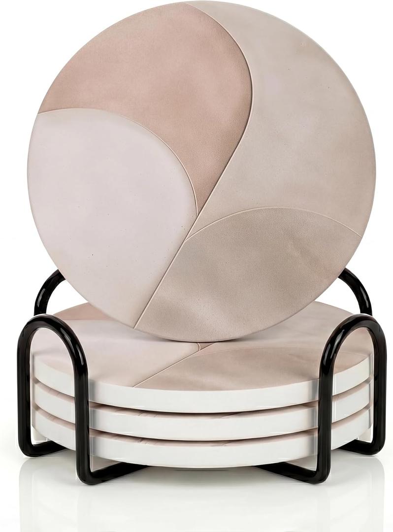 VEYRO Ceramic Coasters Set of 4  Absorbent Stone Drink Coasters with Holder, Non-Slip Cork Backing, Modern Marble Look Coasters for Coffee Table, Desk & Home Decor (Clay 2)