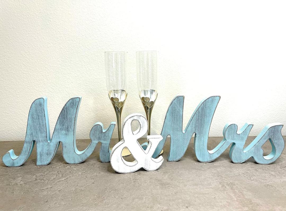 Mr & Mrs Wood Sign Wedding Decorations for Bride & Groom Reception Head Table. Wooden Letters for Married Couple's Centerpiece, Engagement & Bridal Shower Party Or Wedding Cake Table. (Rustic Blue)