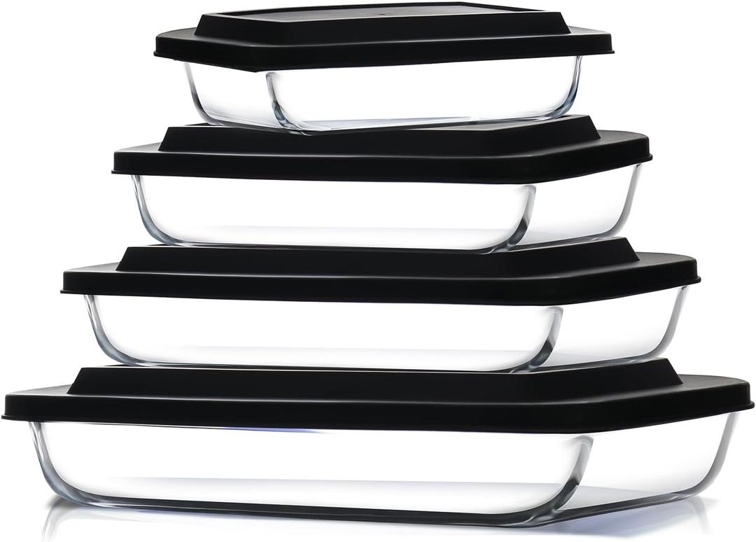 EATEX 8-Piece Deep Glass Casserole Dishes for Oven with Plastic Lids, Glass Baking Dishes for Oven, Rectangular Bakeware for Lasagna, Cooking, Leftovers, Kitchen, Freezer to Oven Dishwasher Safe (4 Pack)