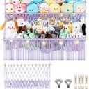 2 Tier Stuffed Animal Storage Shelf Net 35x30'' Large Stuffy Storage Purple | 2.4/1'' Dense Mesh for Mini Medium Plush Teddy,Boho Macrame Stuffed Animal Holder Display w/ Lights & Clips for Nursery Decor