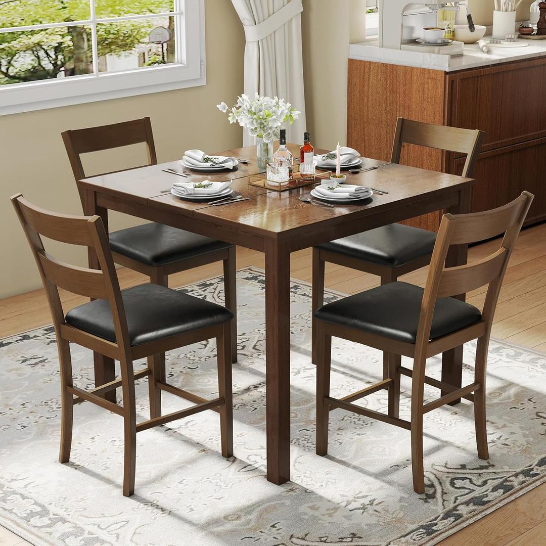 5-Piece Dining Table Set with 4 Chairs, Mid Century Modern Kitchen Table and Chairs Set with Rubberwood Legs & PU Cushion, Compact Space-Saving Dining Room Furniture for Small Spaces, Brown