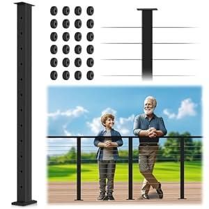 Gyykzz 42" Black Cable Railing Posts, Flat Top Level Drilled Railing Line Post Kit System, Stainless Steel T304 Horizontal Hole Deck Railing Handrail Post for Commercial & Residential Project