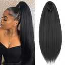Yaki Straight Ponytail Extension, Wrap Around Ponytail Extension for Black Women, Yaki Human Hair Extension, Natural Black (Drawstring ponytail, 16 inch)