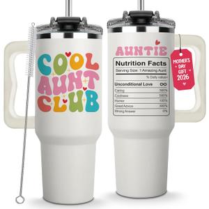 Mothers Day Gifts for Aunt - Cool Aunt Club Coffee Tumbler 40Oz, Best Auntie Gifts from Niece Nephew for Birthday, Presents for First Time & Best Auntie Ever, New Aunty Cup with Handle Straw