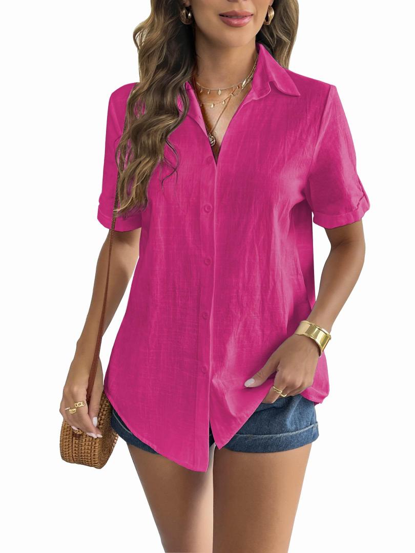 Zeagoo Women Linen Button Down Shirt Rolled Cuffed Short Sleeve Blouse Ladies Summer Casual V Neck Beach Cotton Tops Pink 2XL