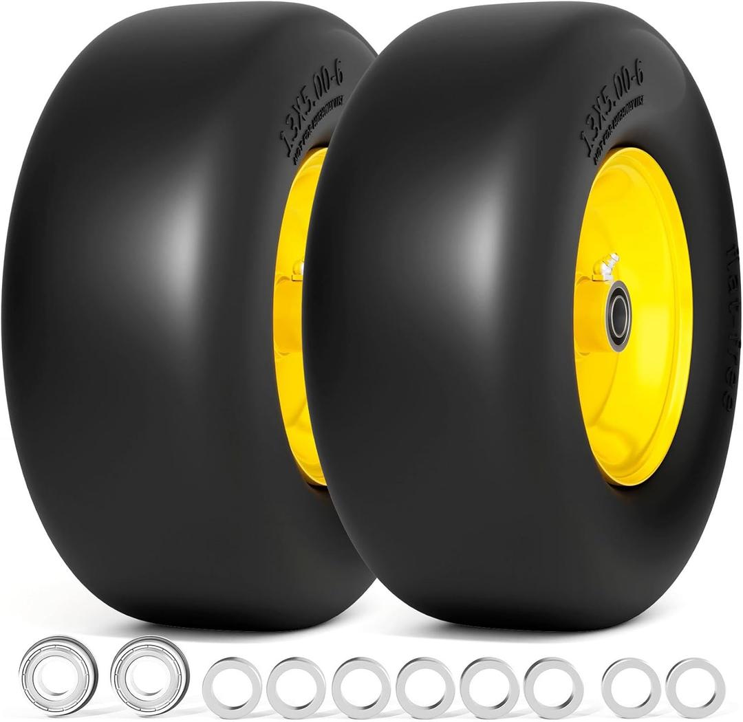 13x5.00-6 Flat Free Lawn Mower Tire, Zero Turn Mower Front Tires, 13x5x6 Solid Mower Wheel for Residential and Commercial, 3/4" & 5/8" Bearing, 3.25"-5.9" Center Hub, 2Pack Yellow, 500Lbs