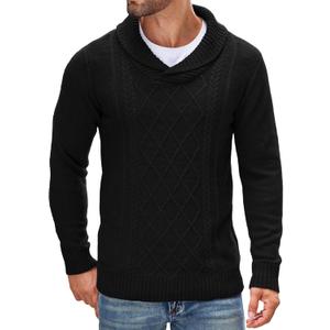 COOFANDY Men's Shawl Collar Sweaters V-Neck Relaxed Fit Cable Pullovers (Black, XS)
