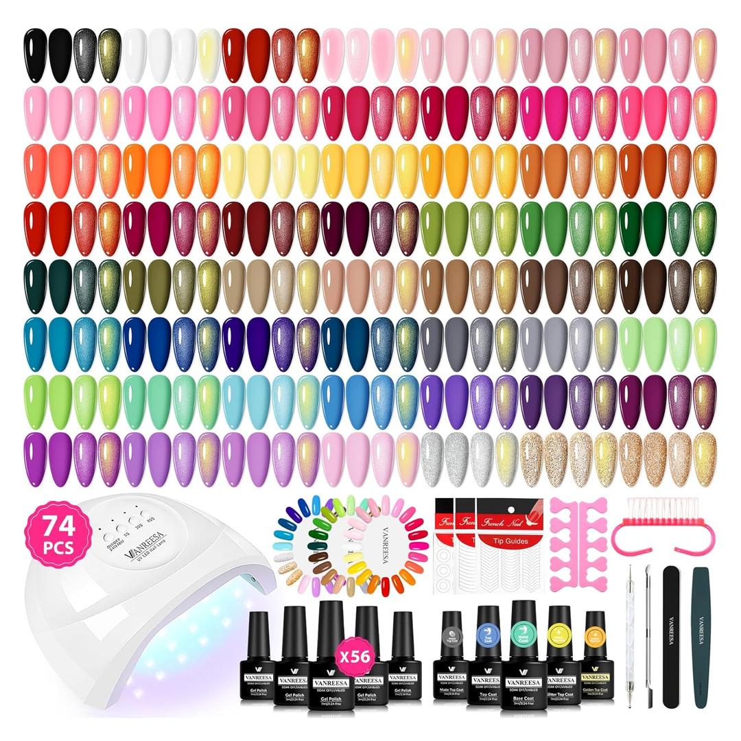 VANREESA Gel Nail Polish Kit with U V Light 74 Pcs Gel Polish Nail Set 56 All Seasons Colors Nail Polish Set + Base and 4 Effects Top Coat with Manicure Tools Complete Nail Kit Gifts for Women