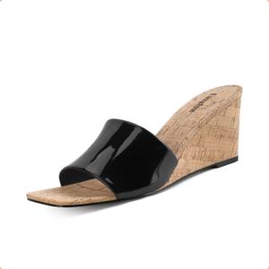 Wedge Sandals for Women Open Toe Wedge Heels Womens High Heel Sandal Square Toe Heeled Wedge Sandals Wood Grain Slip on Wedge Mules (7, Black Pu)