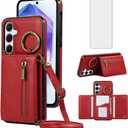 Asuwish Compatible with Samsung Galaxy S24/S25 5G Wallet Case with Tempered Glass Screen Protector and Crossbody Shoulder Strap Card Holder Cell Phone Cover for S 24 24S 25 25S G5 SM-S931U Women Red