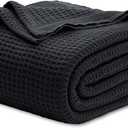 Bedsure 100% Cotton Blanket King Size for Bed - Breathable and Soft, Waffle Weave Blanket for Summer Spring, Black, 104x90 inches