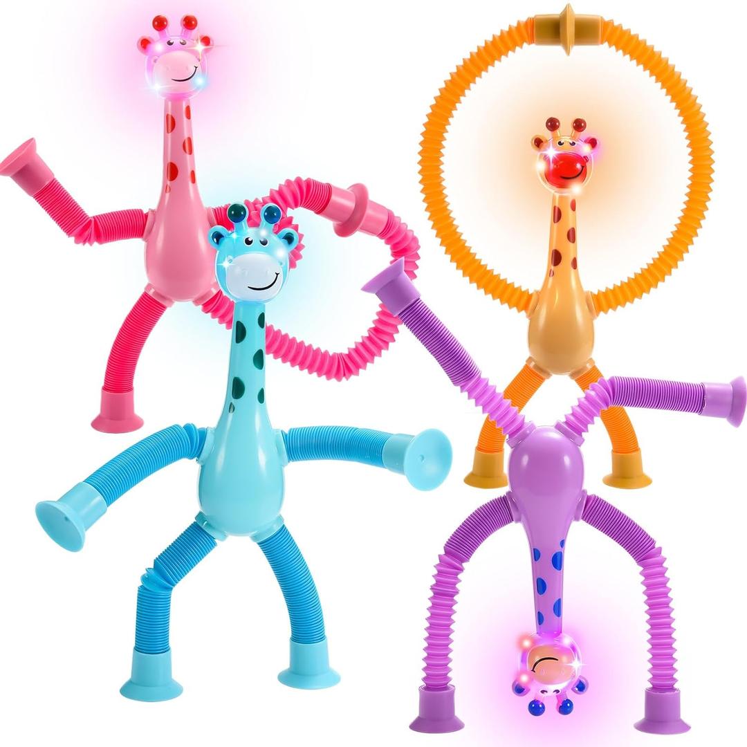 Sensory Fidget Toys for Kids : 4 Pack LED Giraffe Telescopic Pop Tubes 3 4 5 6 7 8 Year Old Girls Boys Easter Birthday Gifts Toy for Kid Ages 3-5 Autism Toddler Travel Toy Stocking Stuffers