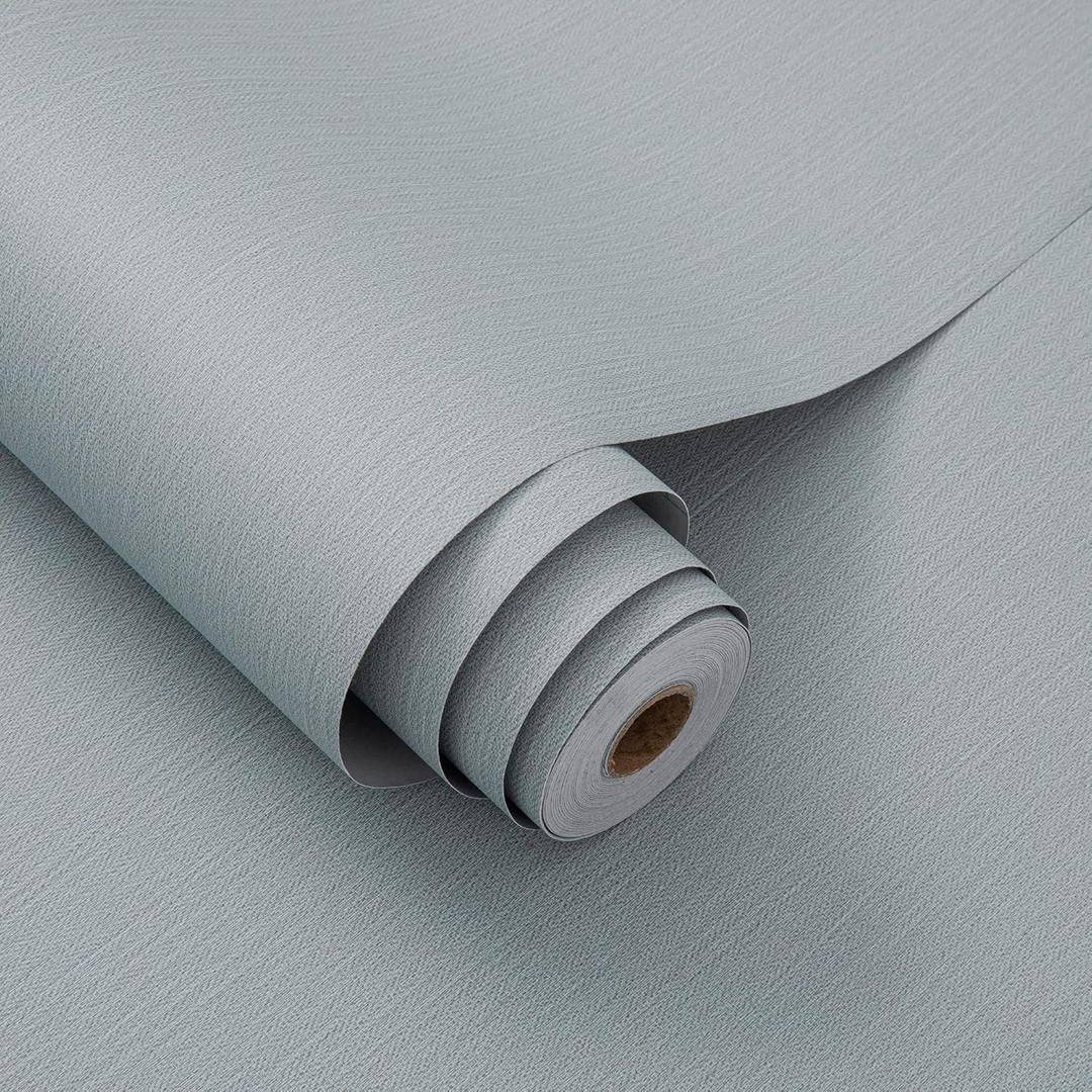 24"x393" Grasscloth Peel and Stick Wallpaper Fabric Textured Contact Paper for Cabinets, Faux Linen Vintage Matte Frosted Waterproof Flax Wallpaper for Bedroom Bathroom Kitchen (Blue-Gray)