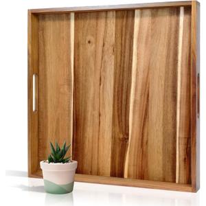 22 Inches Square Acacia Wood Ottoman Tray, Extra Large Wooden Serving Tray with Handles for Living Room, Serving Food Breakfast, Ottoman Coffee Table Couch Sofa Kitchen