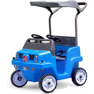 Step2 Side-by-Side Push Around SUV, 2-Seater Kids Push Car with Seat Belts, Dual Steering Wheels & Horns, Adjustable Canopy, Ages 18 months5 years, Max 100 lbs., Durable Plastic, Blue (Large)