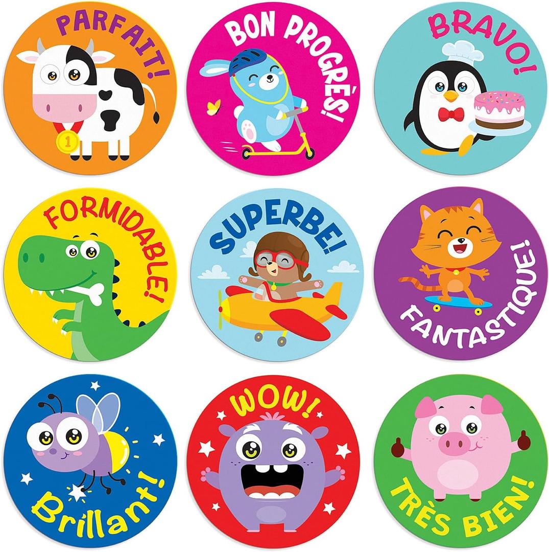 S&O French Inspirational Stickers for Classroom Rewards - French Motivational Decals Teacher Supplies - Cartoon Labels - Childer Tags - Cadeaux Pour Enseignants en Franais - 1008 Small Labels