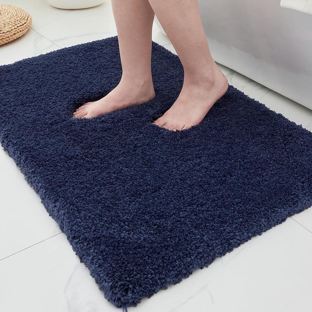 ILANGO Navy Blue Bathroom Rugs 30"  20" Non Slip & Super Absorbent Extra Thick Soft, Washable Bath Mat for Floor, Microfiber Plush Shaggy Bath Rug with Rubber for Bathtub Shower Room Sink