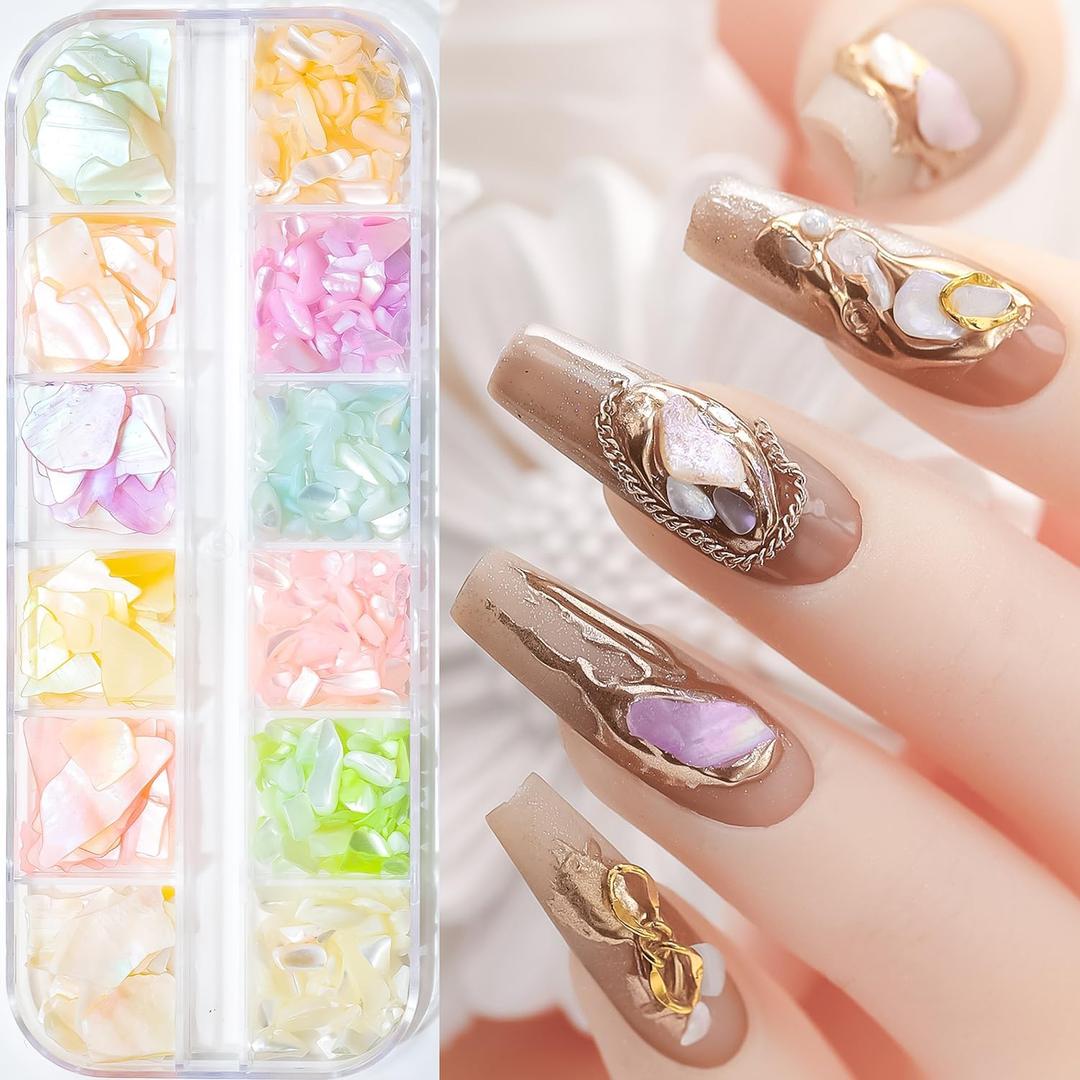 Seashell Slices Nails Decoration, 3D Nail Glitter Sequins Irregular Thin Flakes Nail Design Mix Colors Shell Slices Decoration UV Gel Shiny Accessories Mermaid DIY Acrylic Nails Supplies for Women