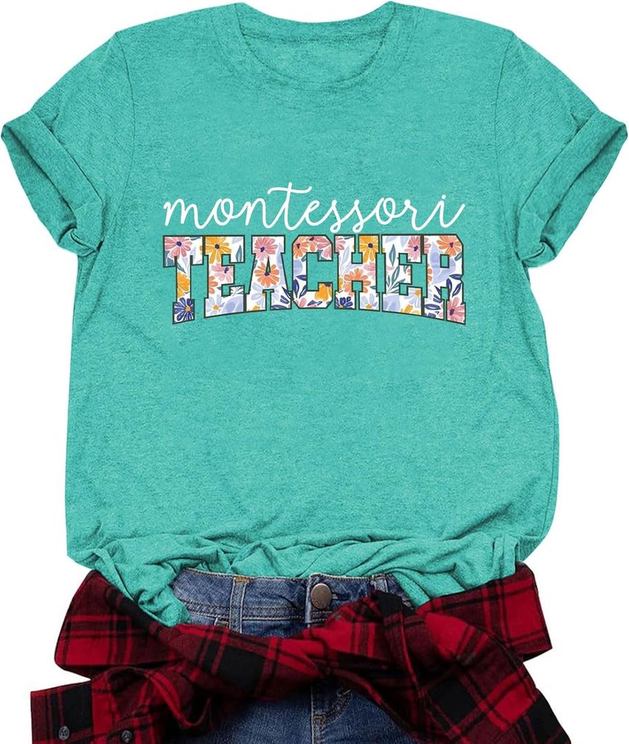 Teacher Shirts for Women Teacher Gifts Short Sleeve Shirts Graphic Tees Summer Tops 2025 (Large, Cyan-84)