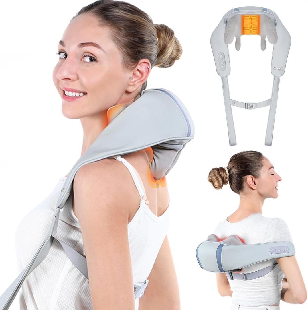 FSA/HSA Eligible Cordless Neck Shoulder Massager for Pain Relief Deep Tissue, 5D Shiatsu Back Massager with Heat, Wireless Rechargeable Shoulder Massage Pillow, Best Gifts for Men,Women,Mom & Dad (Light Gray)