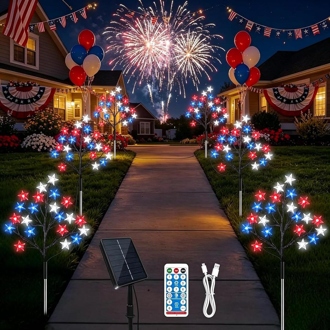 6 Pack 4th of July Decorations Solar Lights Outdoor, 8 Modes 126LEDs Solar Patriotic Star Lights with Remote, Waterproof Red White and Blue Decorations light for Memorial Day Yard Garedn Pathway