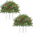 Outdoor Christmas Tree Frosted Urn Filler 2 Set, Pre-lit Artificial Xmas Tree with Cones & Red Berries, Small Christmas Tree with 70 Warm Lights