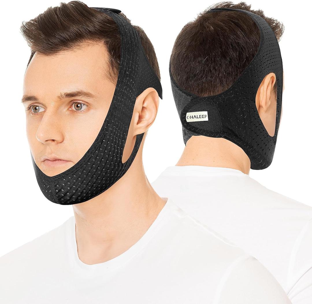 OHELEEP Anti Snore Chin Strap for CPAP Users, Snore Stopper Adjustable, Chin Strap for Sleeping Comfortable Stop Snoring Solution, Anti Snoring Devices Breathable and Reusable, Black, M